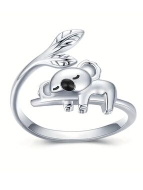 Sleeping Koala Leaf Wrap Ring - Silver Tone